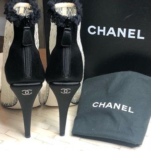 Chanel Lace Peep Toe Heeled Ankle Bootie